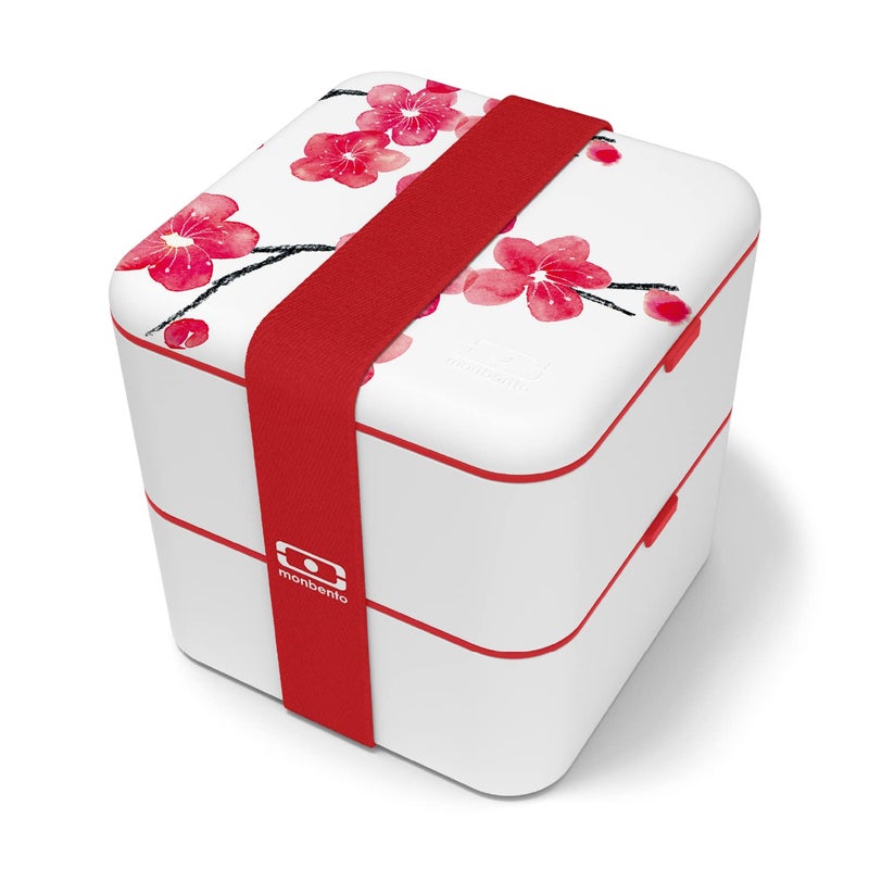 monbento - Large Bento Box MB Square Blossom with Compartments - Leakproof Lunch Box for Work and Meal Prep - BPA Free - Food Grade Safe - Japanese Flowers - Red & White - Image 1